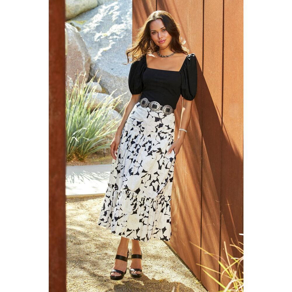 Boston Proper Women's Black White Floral Tiered Boho Western Cottage Skirt XS